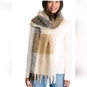 Lucky Brand Fringed Long Blanket Scarf Tartan Plaid Fuzzy Knit Wrap Shawl 19/72